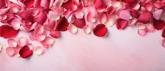 Pink rose petals on pink background. Copy space for text.