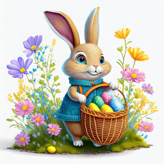 Easter bunny with a basket full of Easter eggs surrounded by spring flowers on a white background