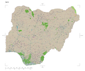 Nigeria shape isolated on white. OSM Topographic French style map