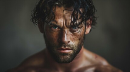 Intense Gaze of a Handsome Athletic Man. Generative ai