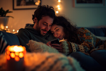 jeune couple dans leur canapé en train de regarder leur smartphone ensemble, lumière douce, ambiance romantique - obrazy, fototapety, plakaty