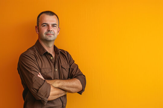 portrait studio sur fond orang&eacute; d'une homme chemise marron bras crois&eacute;s