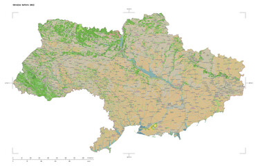 Ukraine between 2014 and 2022 shape isolated on white. OSM Topographic French style map