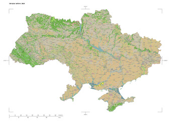 Ukraine before 2014 shape isolated on white. OSM Topographic French style map