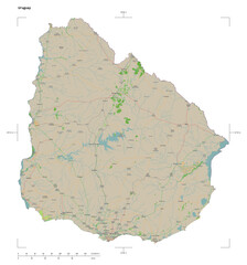 Uruguay shape isolated on white. OSM Topographic French style map