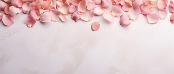 Obraz premium Pink rose petalsle background. Top view, copy space.
