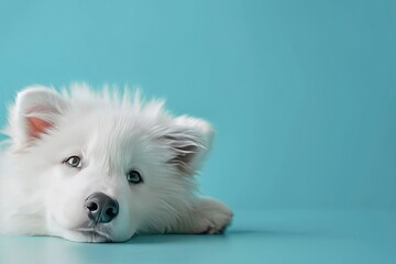 A cute puppy laying down in light blue background