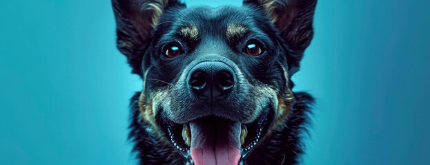 Adorable dog with open mouth in blue background