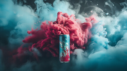 Blue ice aerosol can with cloud of colored powders stock photo, in the style of light red and teal - obrazy, fototapety, plakaty