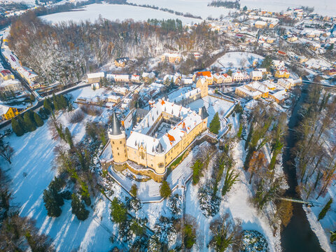 Zleby Castle in sunny winter day. Czechia. Aerial view from drone.