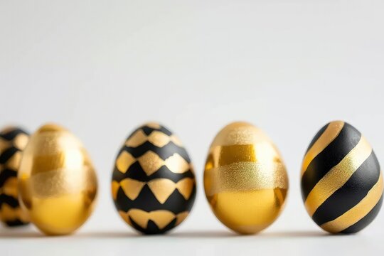 Easter golden and black decorated eggs stand in a row on white background