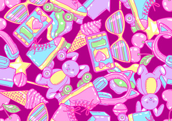 Seamless pattern with fashion girlish items. Colorful cute teenage background.