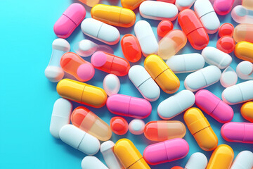 Multicolored tablets on blue background. Health care concept