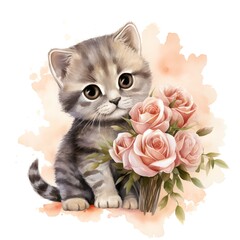 VALENTINE WITH A CUTE kitten. Funny cat for Valentine's Day with illustrations of hearts and flowers.