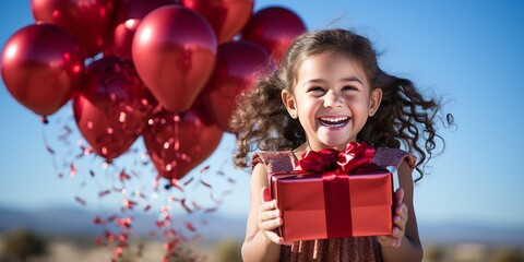 Fototapeta na wymiar Happy laughing little girl holding a red gift box and red balloons. A cheerful girl in a red elegant dress stands on the street against the blue sky. Birthday celebration concept