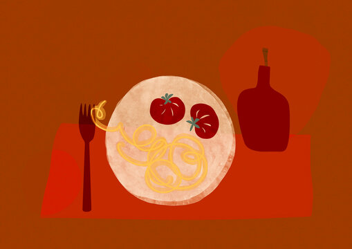 Food illustration pasta spaghetti tomato olive oil bottle