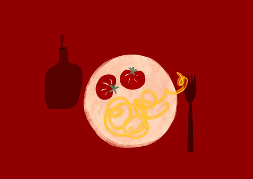 Food plate pasta spaghetti tomato olive oil bottle. Artwork