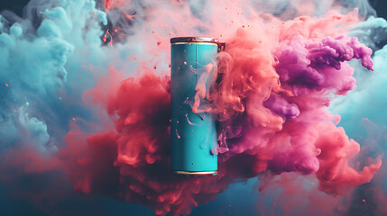 Blue ice aerosol can with cloud of colored powders stock photo, in the style of light red and teal