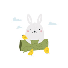 Vector illustration of a cute rabbit sitting behind the log.