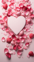 White heart and rose petals on pink background. Valentines day background.