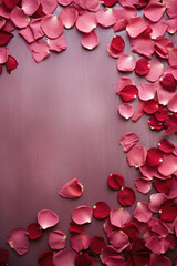 Rose petals on pink wooden background. Valentines day background.