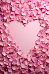Heart made of pink rose petals on pink background, top view.