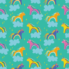 Seamless pattern with unicorns. Cute childish repeated texture with fairytale animals. Cartoon unicorns. Fantasy print for kids clothing and fabric. Rainbow unicorns background. Girlish colorful print