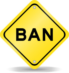 Yellow color transportation sign with word ban on white background