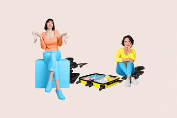 Image picture collage of two people fashionista order buy on web store outfit using flyer sale...