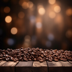 Well-focused roasted coffee seeds sitting on a wooden surface with a bokeh effect behind