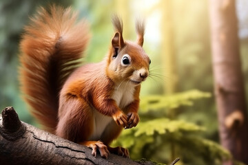 Red squirrel, Sciurus vulgaris, sitting on a tree branch looks around curiously