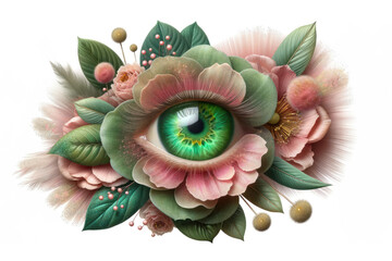 Floral art collage with pink petals and eye on white background