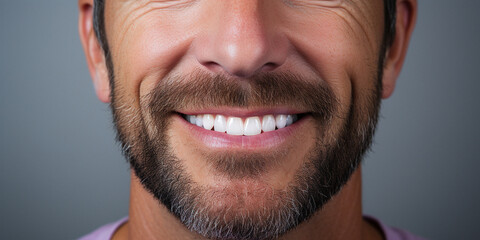 Obraz premium Close-up of a smiling young man with perfect healthy white teeth. The concept of dental care, veneers