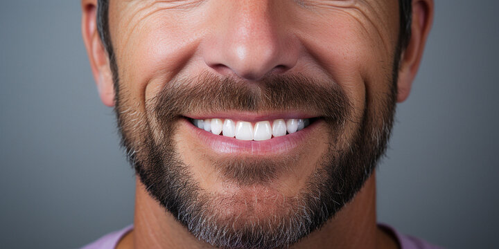 Close-up of a smiling young man with perfect healthy white teeth. The concept of dental care, veneers