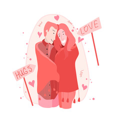 Vector illustration in flat style of loving people hugging in warm sweaters with drawings. Vector illustration for Valentine's Day and Hug Day