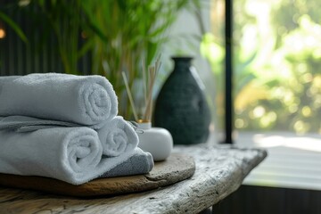 Rolled white towels on massage table in empty salon, copy space.