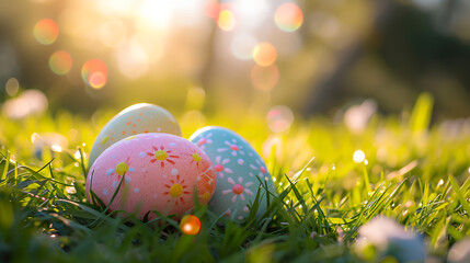 Easter eggs on grass on a sunny spring day - Easter decoration, banner, panorama, background with copy space for text. Happy Festival
