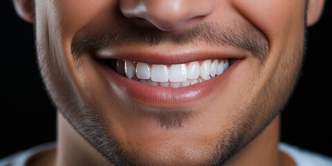 Fototapeta premium Close-up of a smiling young man with perfect healthy white teeth. The concept of dental care, veneers