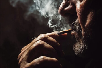 Close-up photo of a bearded man smoking a cigarette, surrounded by swirling smoke in a moody, dramatic setup.