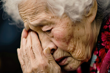 Close-up portrait of a contemplative elderly woman with a lifetime of wisdom etched into her wrinkles.