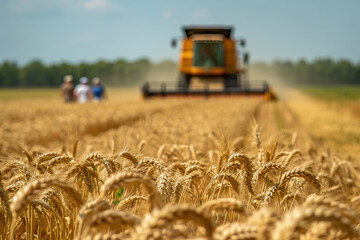 Obraz premium A combine harvester works in a golden wheat field during the harvest season, with farmers and agricultural scenery in the background.