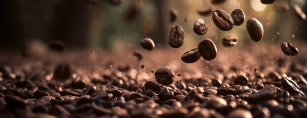 Coffee beans are falling to the ground - obrazy, fototapety, plakaty