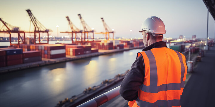 Arbeiter in Warnweste steht am Frachthafen
