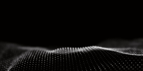 Dynamic white particle wave. Abstract sound visualization. Flow digital structure. Mesh landscape or grid data technology.