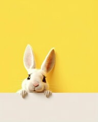An image of a rabbit peeking out on a yellow background
