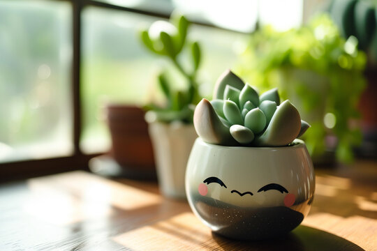 Vaso de planta com sorriso feliz com suculenta plantada em uma casa - Fundo de tela fofo