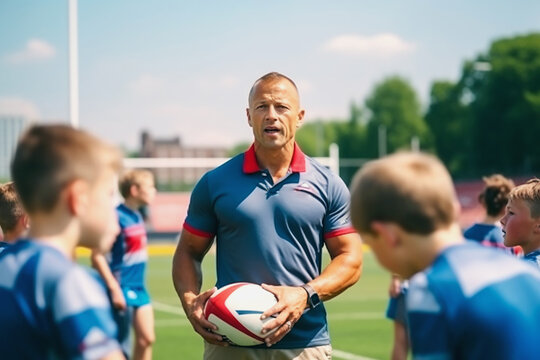 Experienced rugby coach conducts training for junior athletes at the stadium on a sunny summer day. Professional team sports for children.
