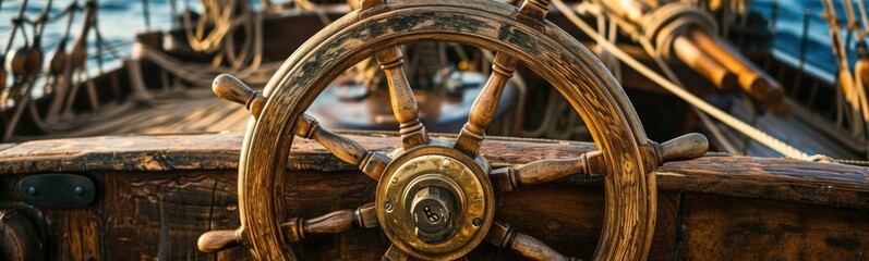 Steering wheel on ship . Banner