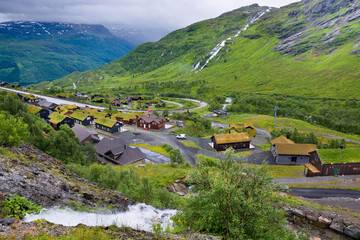 Settlement of wooden houses in the mountains near Roldal, Norway