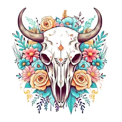 Fototapete Boho Boho Floral Cow Skull isolated on White Background for Tshirt Design